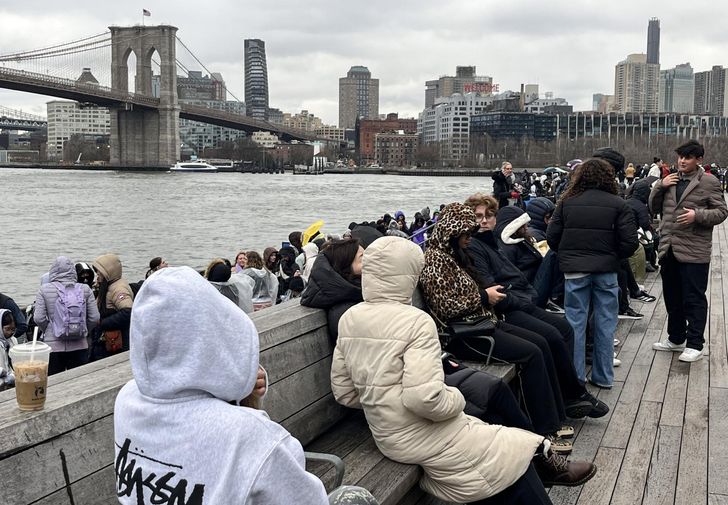 Fans of K-pop boy group BTS wait for the 'Spotify x BTS: SWIMSIDE' event at Pier 17 in Manhattan, New York, March 23. Yonhap