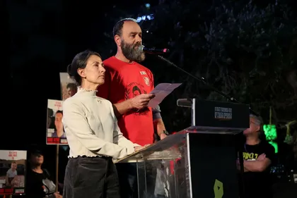 Rachel Goldberg-Polin and her husband Jon speaking at a hostage rally in Tel Aviv, November, 2024.