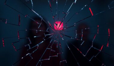 An abstract, high-contrast close-up photograph of shattered glass reflecting a faint red light, conceptually representing the alleged harassment and threats between reality TV personalities.