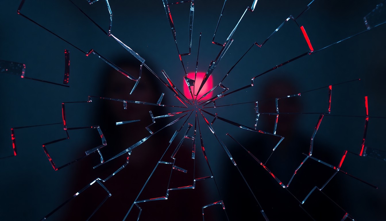 An abstract, high-contrast close-up photograph of shattered glass reflecting a faint red light, conceptually representing the alleged harassment and threats between reality TV personalities.
