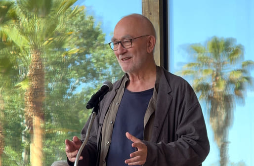 Swiss architect Peter Zumthor addressing the crowd at the preopening ceremony in Los Angeles, April 15, 2026. Image: Archinect