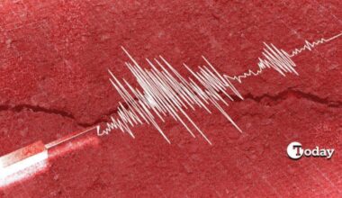 A digital illustration shows seismic activity with sharp waveform spikes, symbolizing an earthquake alert. (Collage prepared by Türkiye Today team)