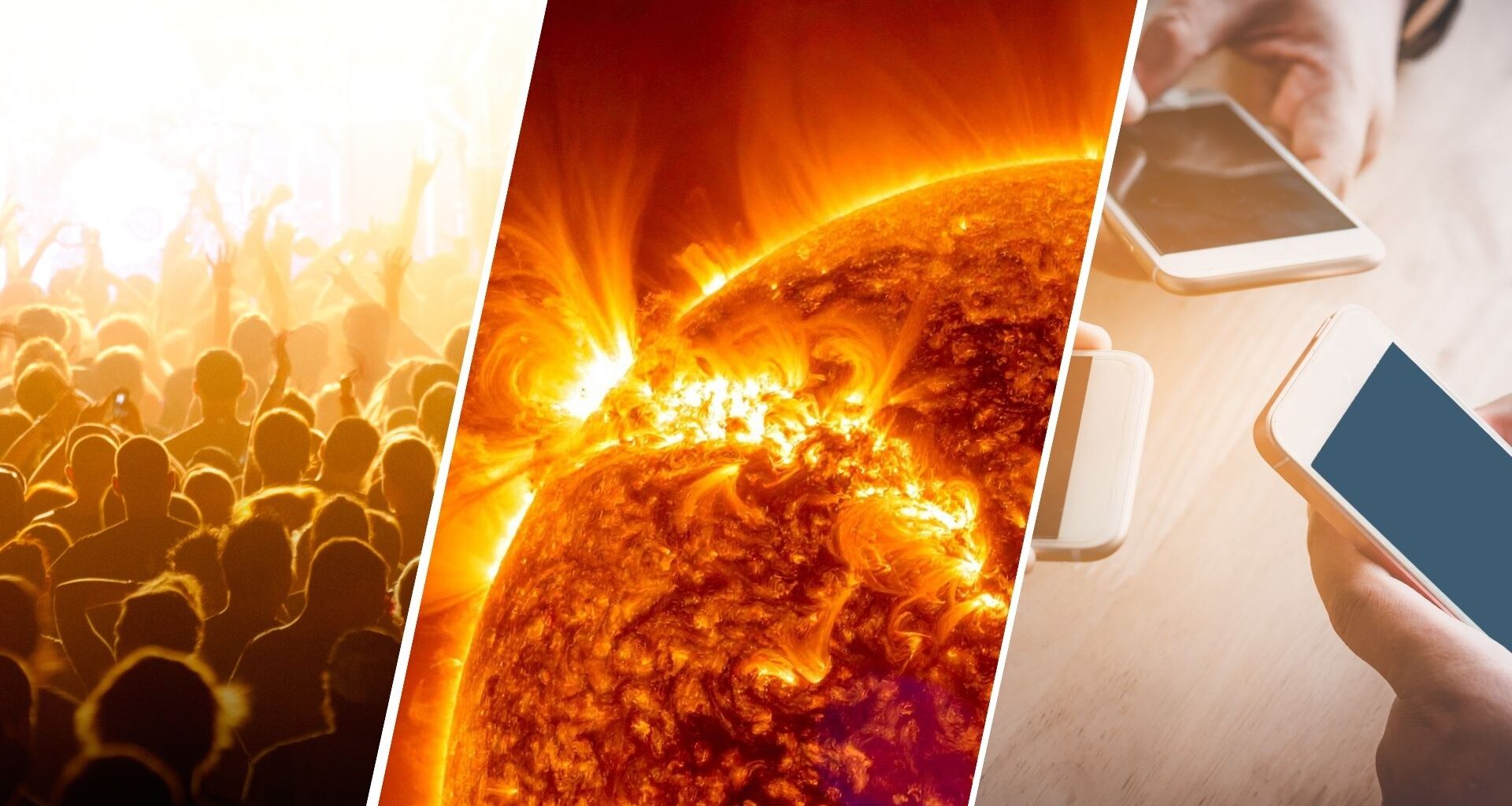 three panel image on the left is a crowd of people, in the center is the sun and on the right is a close up view of people holding phones.