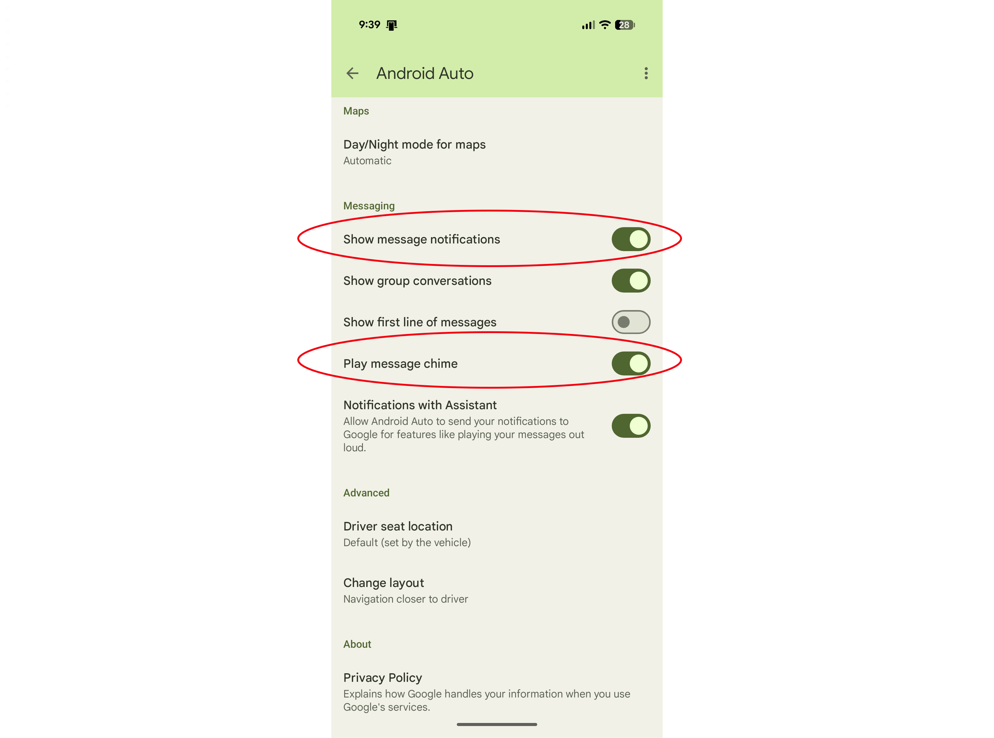 Options to disable sound and message alerts in Android Auto settings