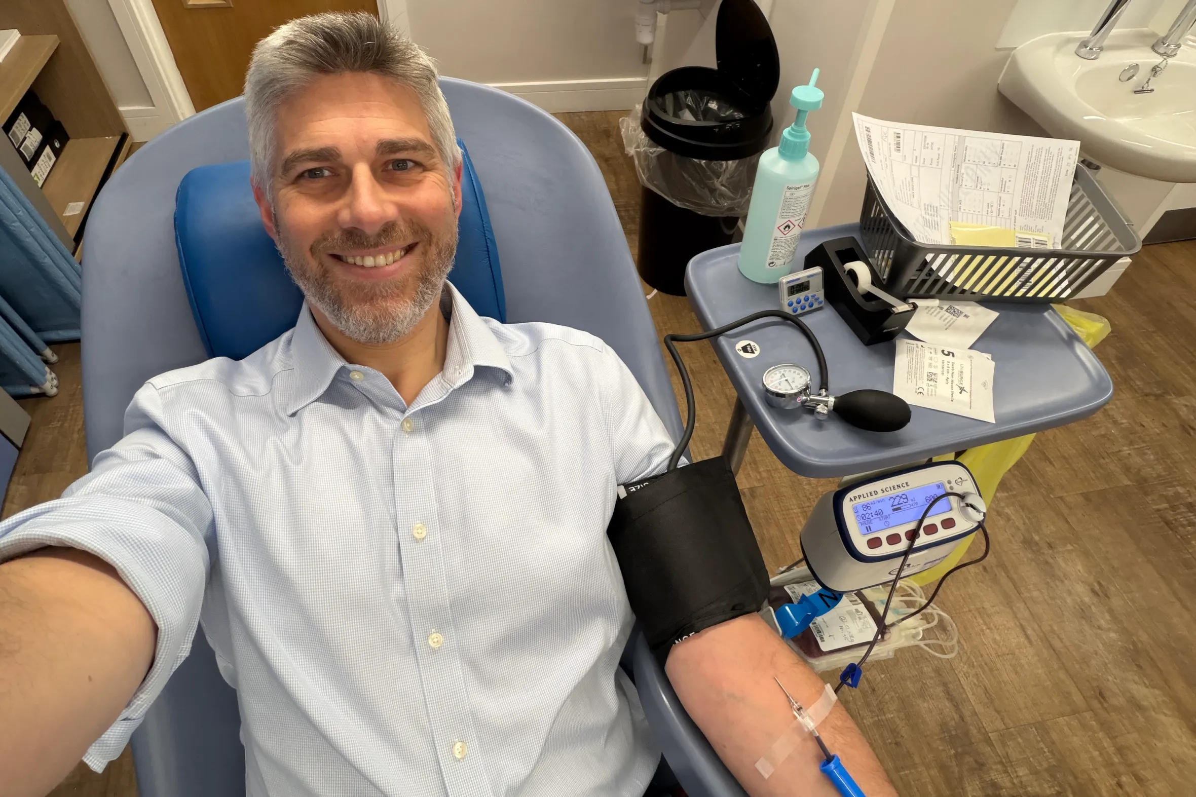 Paul Bickley, 45, donating his blood for a rare intrauterine transfusion.