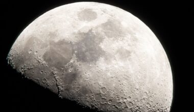 A close up of the moon in the darkness of space, its craters and dark maria visible against the gray surface, while its bottom half is covered in shadow.