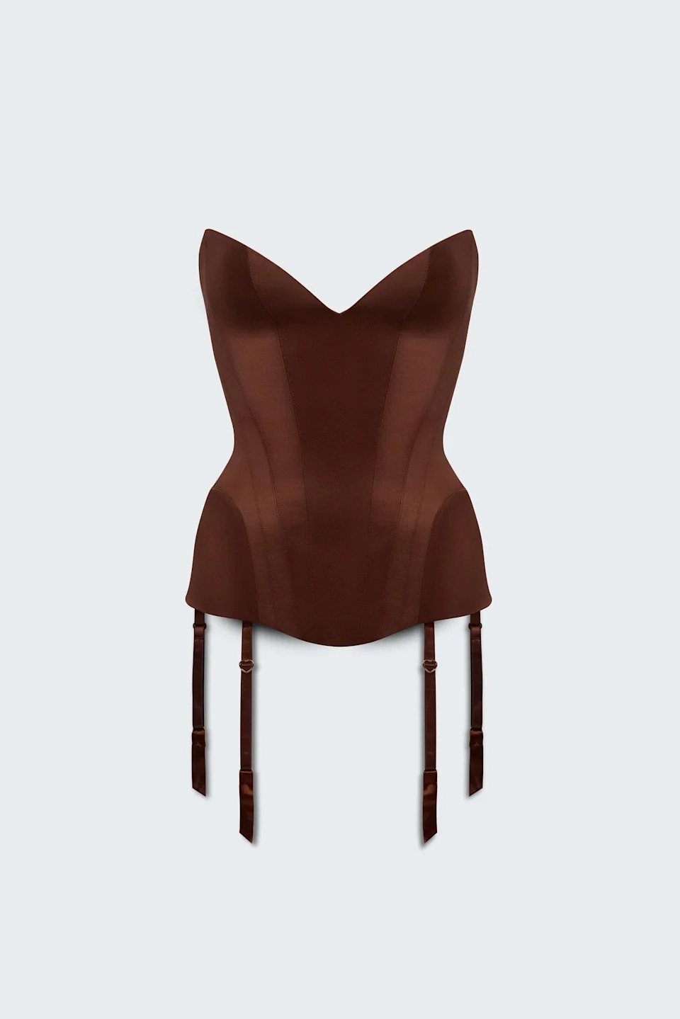 A brown, strapless corset with structured boning and attached garter straps, displayed against a plain background.