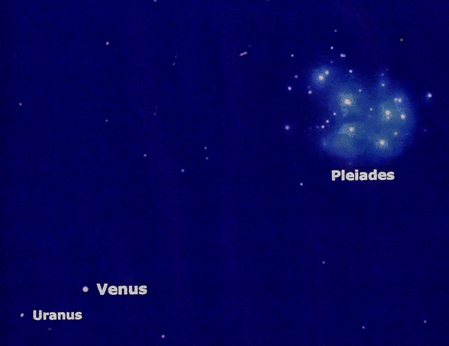 night sky graphic with the pleiades star cluster in upper right corner and on the lower left is uranus and Venus