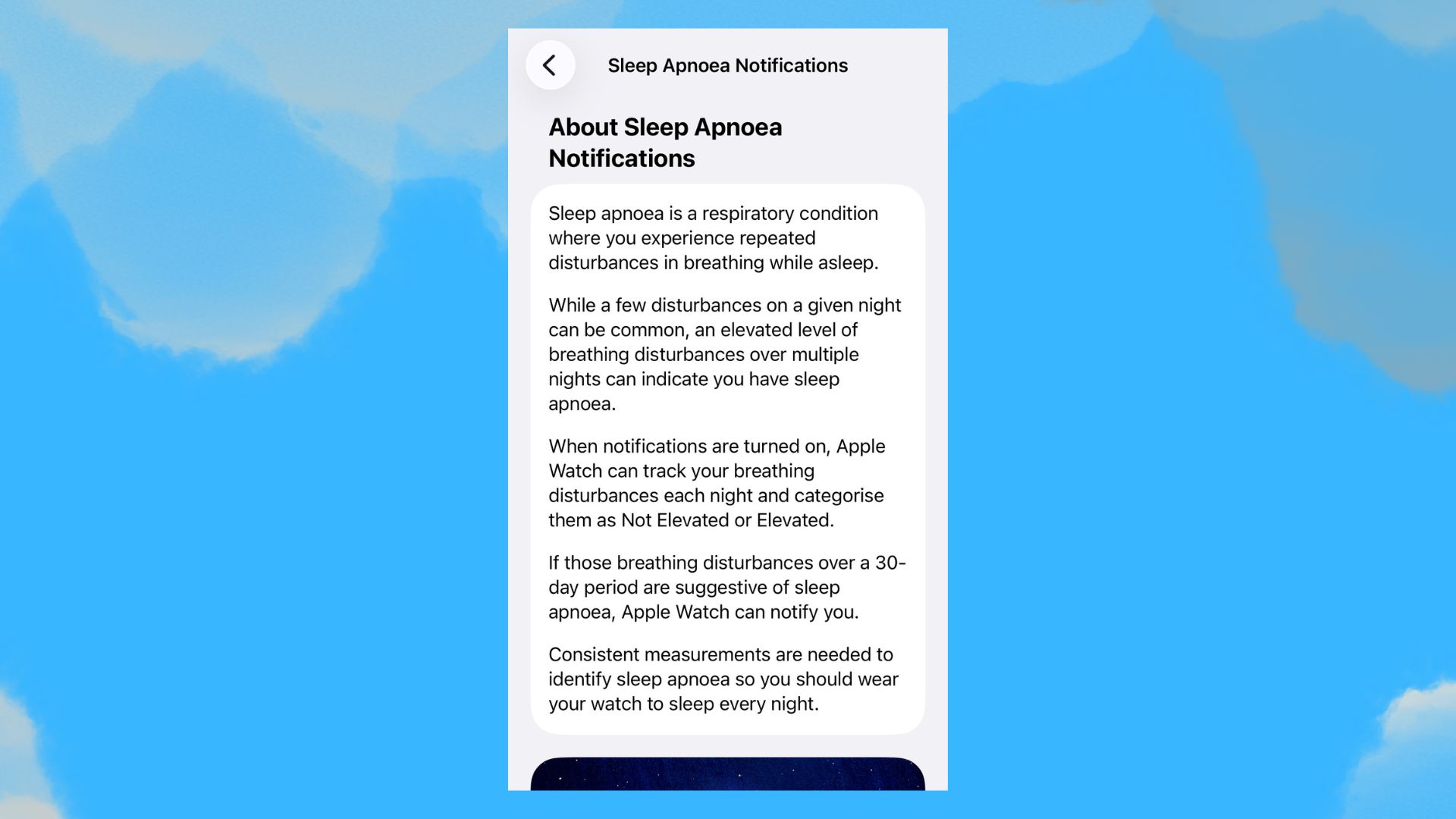 An About page on the iPhone Health App that describes Sleep Apnea notifications.