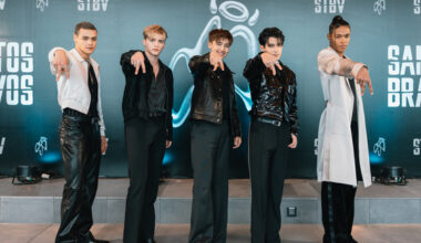 Boy band Santos Bravos poses for photos ahead of a press conference held at HYBE