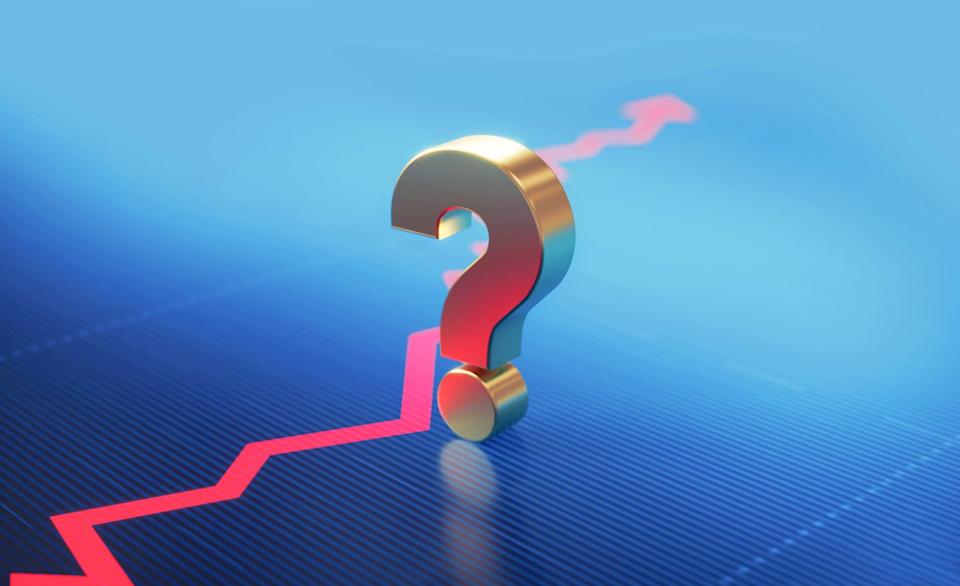 A question mark and a chart line. 