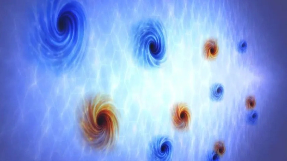  An illustration shows swirling orange and blue holes against a glowing wall to the left. . 