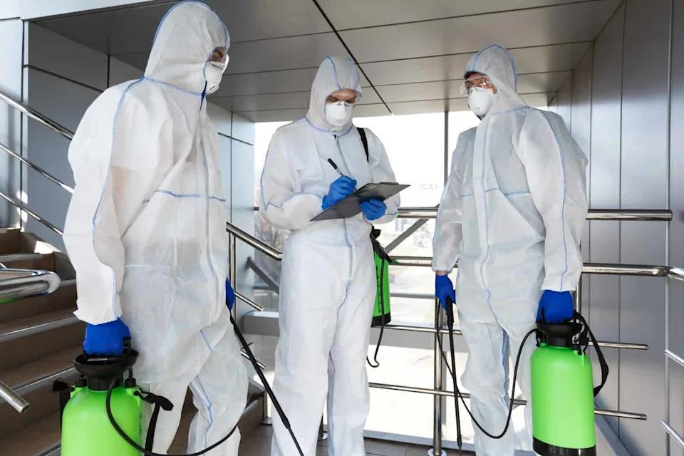 Men in virus protective suits disinfecting indoor accommodation, pandemic health risk, coronavirus