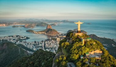 Aerial view of Christ the redeemer and Botafogo Bay from high angle.