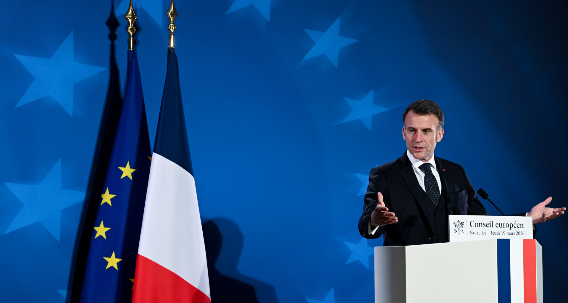 French president Emmanuel Macron at an EU summit in Brussels on 19 March 2026