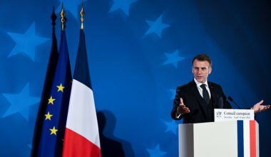 French president Emmanuel Macron at an EU summit in Brussels on 19 March 2026