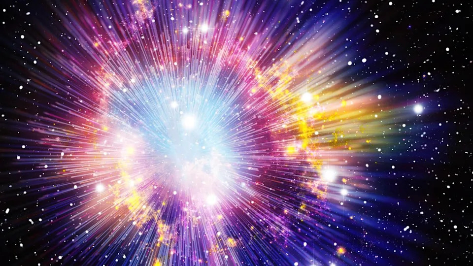  An illustration of the Big Bang, with purple, blue and yellow colors spread out from a white glowing light with straight rays coming out in all directions, all over a starry black background. 