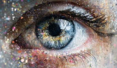 Close-up of a human eye with digital, pixel-like effects suggesting technology integration