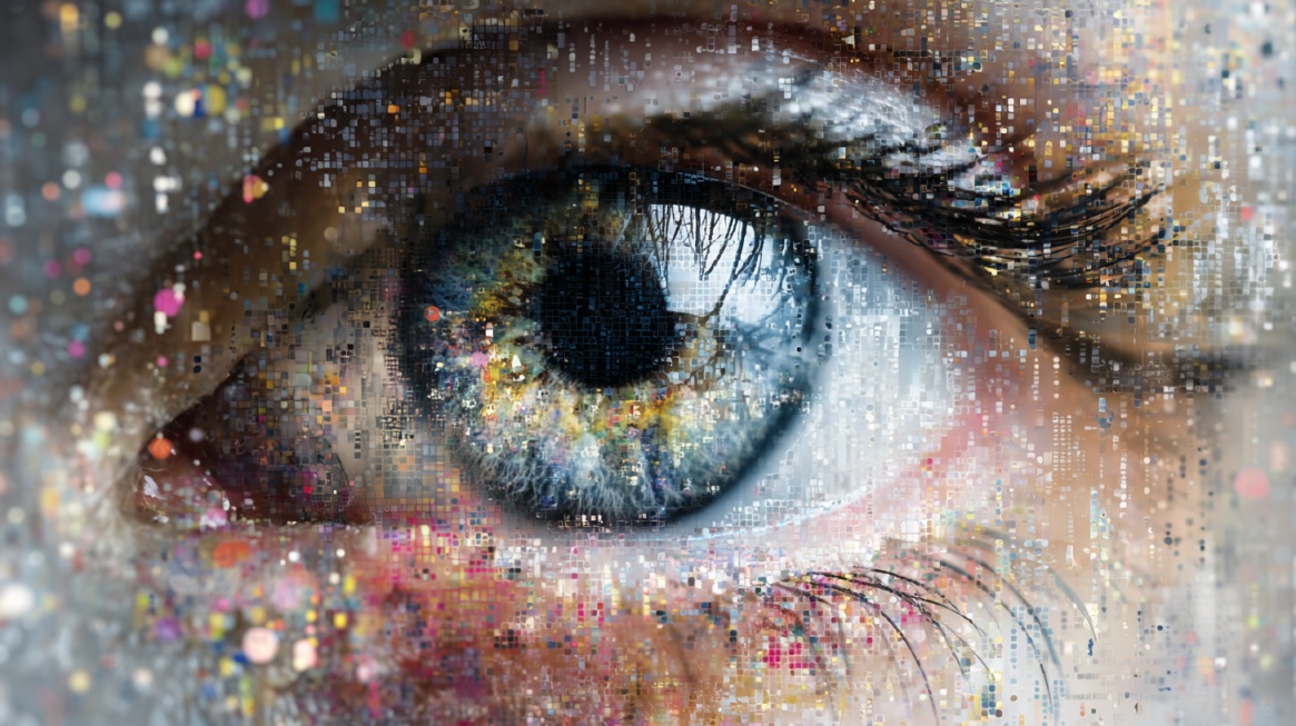 Close-up of a human eye with digital, pixel-like effects suggesting technology integration