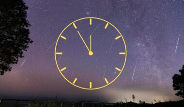 night sky filled with shooting stars and the milky way stretching across the scene. in the foreground is a yellow vector graphic of a clock face.