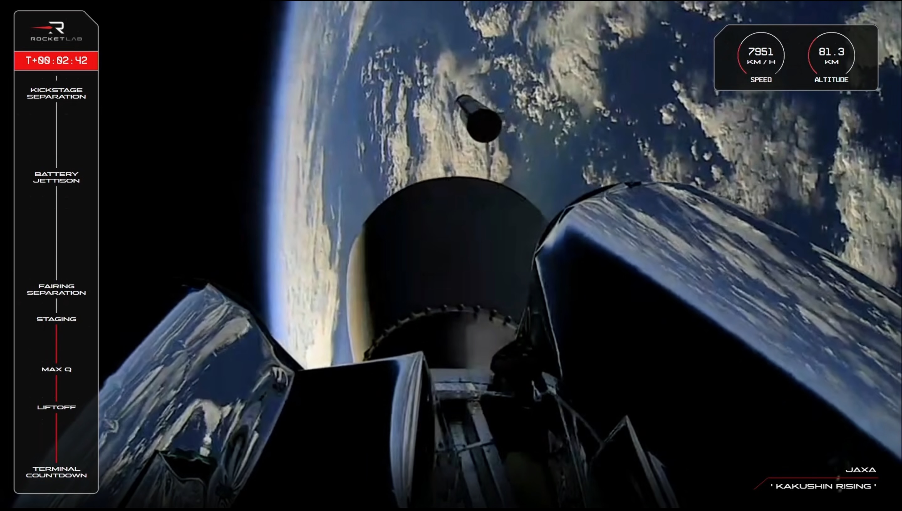 View from the upper stage of a Rocket Lab Electron rocket during the "Kakushin Rising" launch on April 22, 2026. The first stage is visible falling back to Earth.