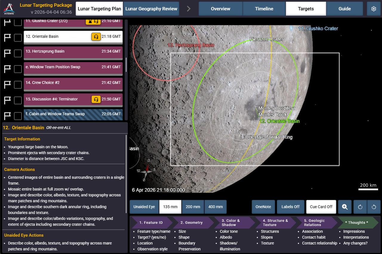A screenshot of the Lunar Targeting Plan application that guides the Artemis II astronauts through their lunar science observations. This custom software was built by the crew lunar observations team, a subset of the Artemis II lunar science team.