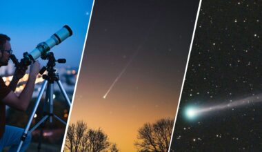 A three panel image divided by diagonal white lines. The left image shows a man looking through a telescope at the night sky, the middle and right show comets.