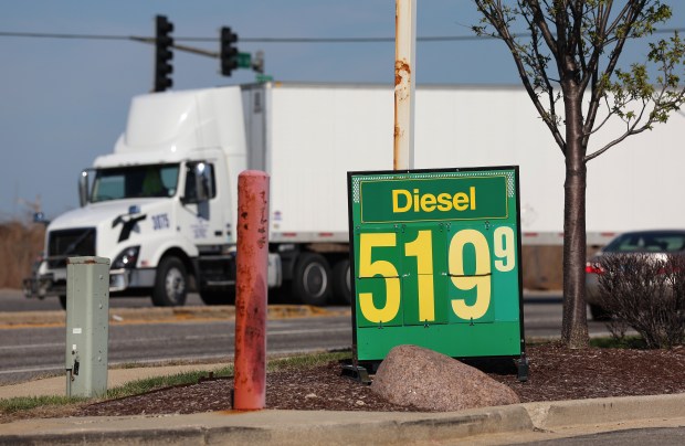 A diesel fuel price sign outside a Thorntons gas station in Elk Grove Village, April 8, 2026. (Chris Sweda/Chicago Tribune)
