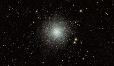 Deep-sky photos: A spherical cluster with a myriad bright stars, densely white at the center and less dense at the edges.