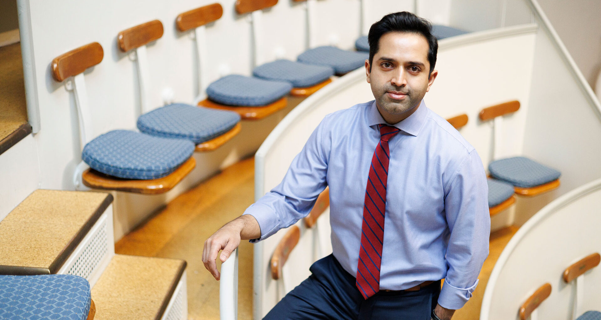 Romit Bhattacharya is pictured in the Ether Dome at Massachusetts General Hospital.