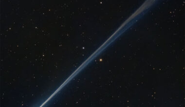 A star field surrounds a bright comet with a long
tail. The green coma of the comet is seen on the lower left,
while the light blue ion tail extends to the upper right
and shows wavey structure. 
Please see the explanation for more detailed information.