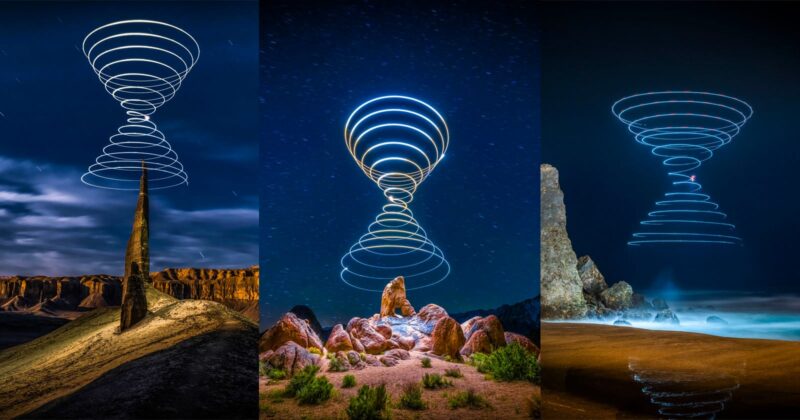 Three photos show nighttime landscapes with dramatic rock formations, each featuring swirling, hourglass-shaped light trails in the sky, created by long-exposure photography. The scenes have a surreal, luminous effect.
