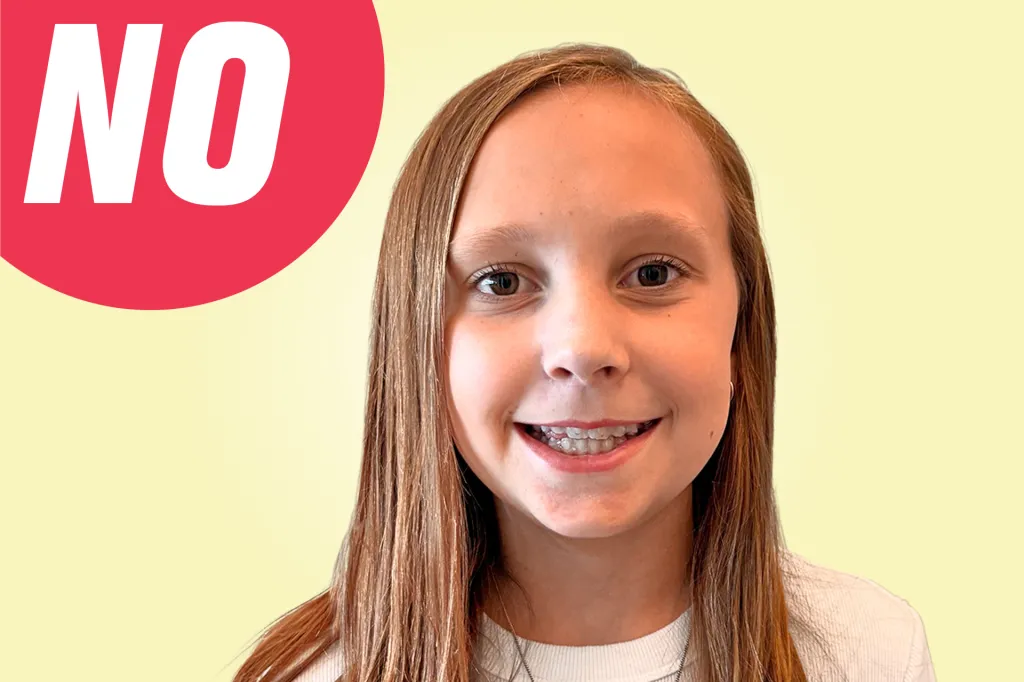 A smiling girl with long hair looks at the camera, with a red speech bubble that says “NO.”