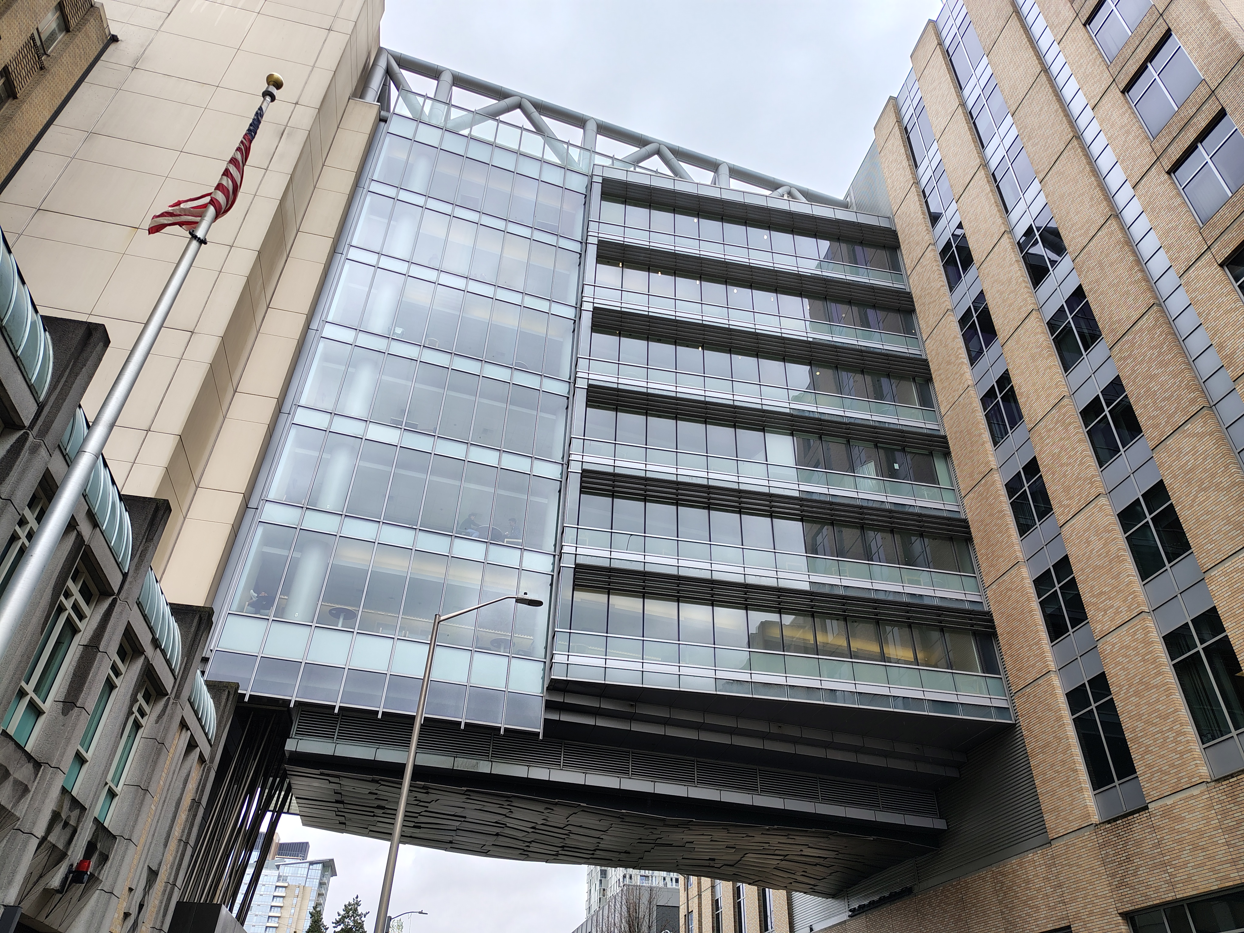 A multi-level bridge between two buildings