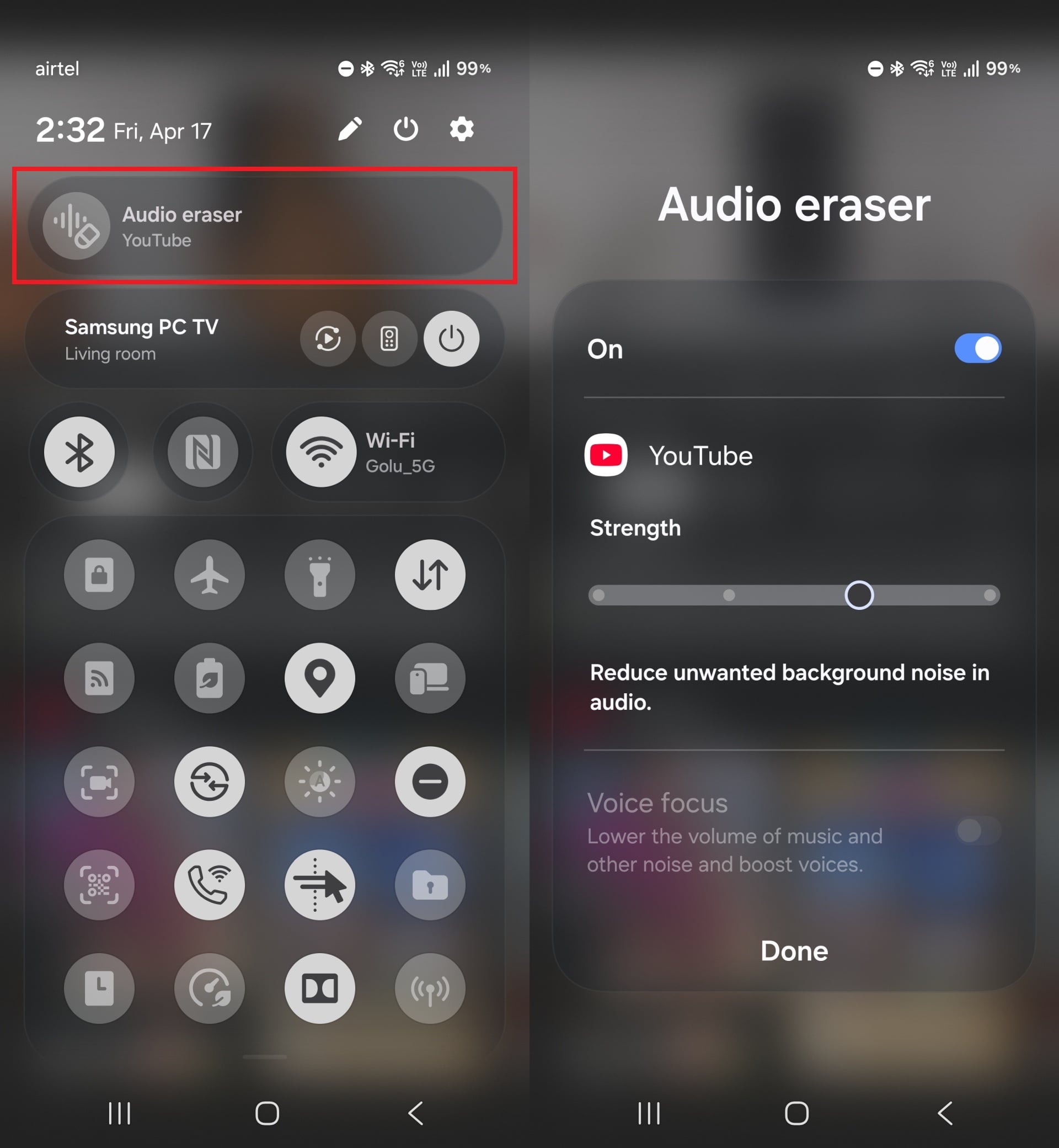 audio eraser settings on a galaxy s26