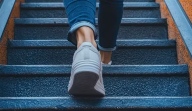 feet of person walking up outdoor steps
