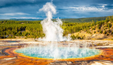 Image of a circular pool of pale blue water with steam rising from it. The surroundings are richly covered soils with forests in the distance.