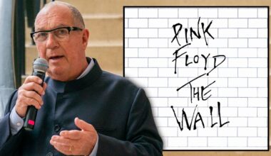 Aubrey Powell speaks at Pink Floyd - Their Mortal Remains exhibition at Better Living Center in Toronto in 2023, plus Pink Floyd&rsquo;s The Wall album cover