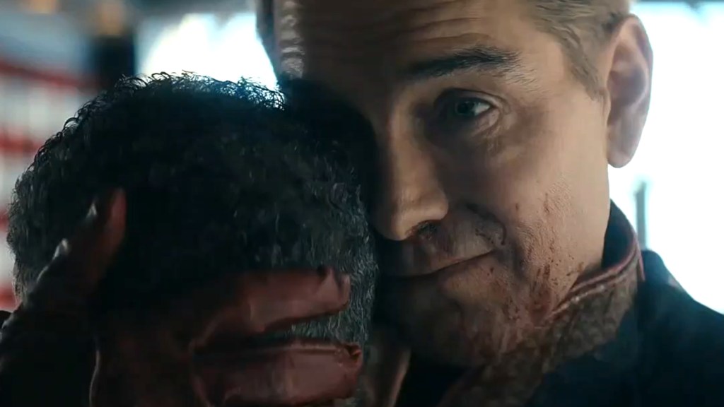 Homelander hugging Stan Edgar and holding his head in The Boys Season 5, Episode 3