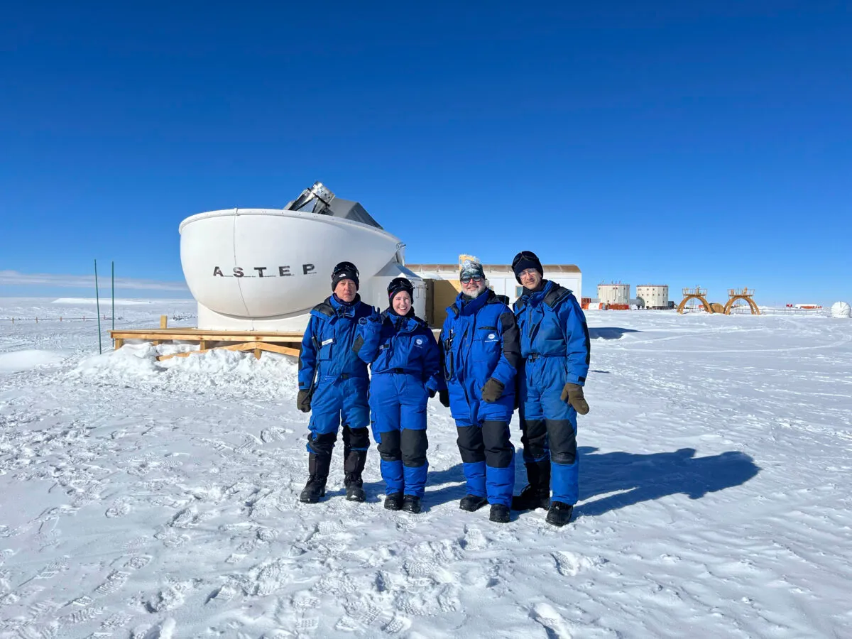Georgina Dransfield (second from left) braved the elements with her colleagues at the Antarctic Search for Transiting ExoPlanets (ASTEP). Credit: Georgina Dransfield