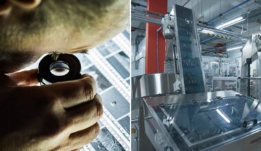 A split image shows a person inspecting photographic film with a magnifier on the left, and automated machinery in a modern industrial facility on the right.