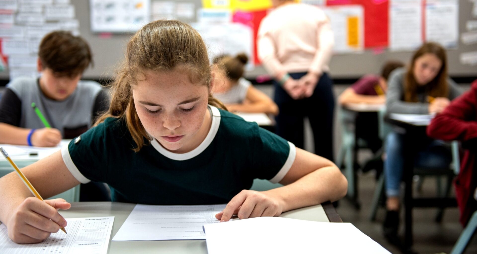 Students in a classroom taking a test, focused on their papers. A teacher observes in the background, ensuring a quiet environment.