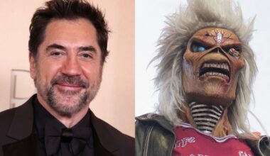 Javier Bardem in 2026, next to a picture of Iron Maiden mascot Eddie The Head