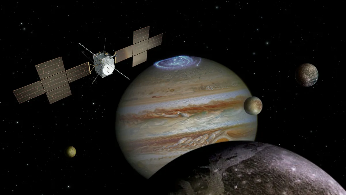 An artist's impression of the Juice spacecraft exploring Jupiter. Could spacecraft like this give us a better chance of spotting dangerous asteroids? Credit: Spacecraft: ESA/ATG medialab; Jupiter: NASA/ESA/J. Nichols (University of Leicester); Ganymede: NASA/JPL; Io: NASA/JPL/University of Arizona; Callisto and Europa: NASA/JPL/DLR
