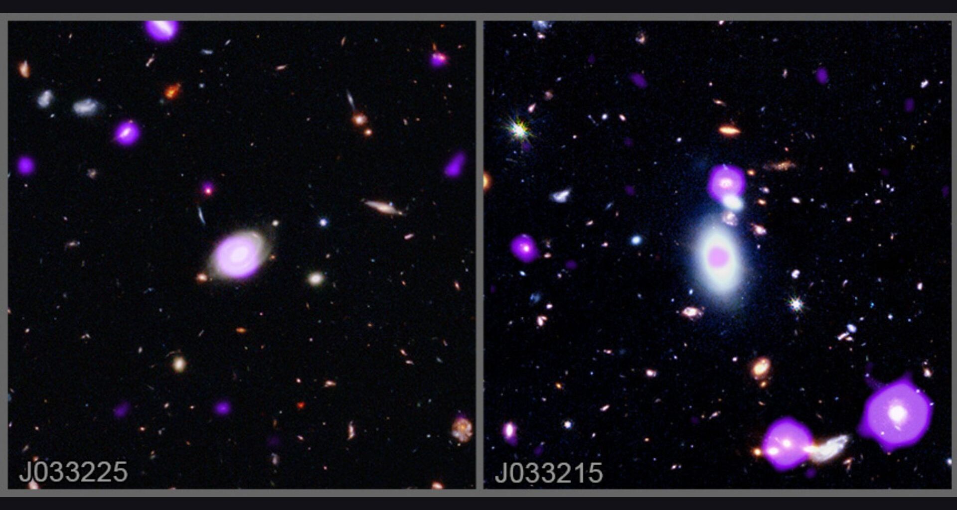 Two images side by side showing galaxies and black holes in bright purple against a starry background