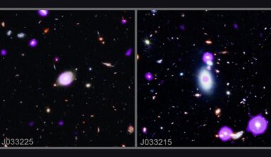 Two images side by side showing galaxies and black holes in bright purple against a starry background