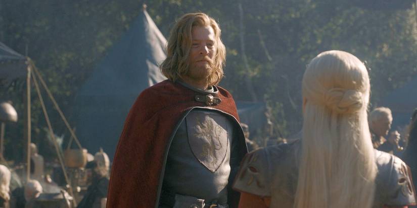 Jason Lannister (Jefferson Hall) talking to Rhaenyra Targaryen (Emma D'Arcy) on House of the Dragon