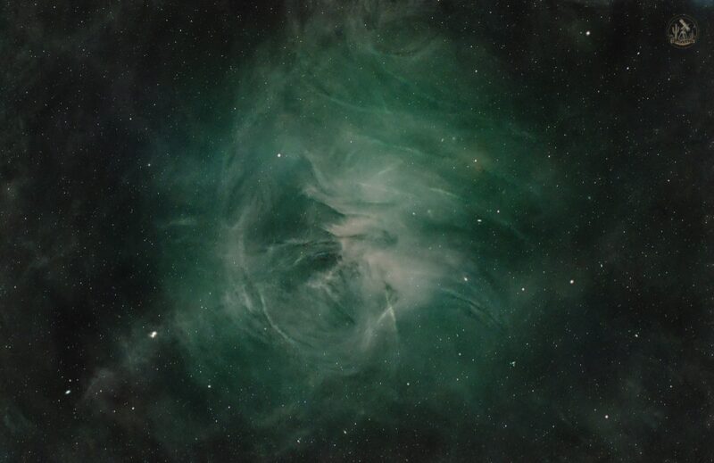 A large cloud of wispy, electric green gas, among scattered stars.