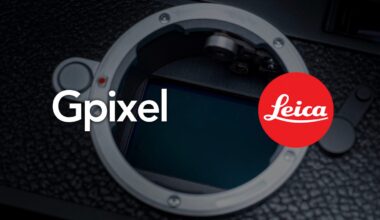 Close-up of a camera sensor with the words "Gpixel" and the red Leica logo overlaid on top. The camera body has a textured black finish.