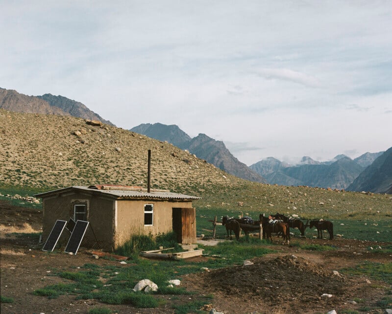 A small, rustic house with two solar panels outside stands on a grassy plain, with several horses gathered nearby; rocky hills and distant mountains rise under a cloudy sky.